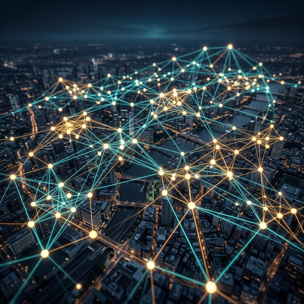 Abstract 3D render of interconnected nodes forming a network graph over a city map, teal and amber color scheme, representing business connections and partnerships, no people, no text
